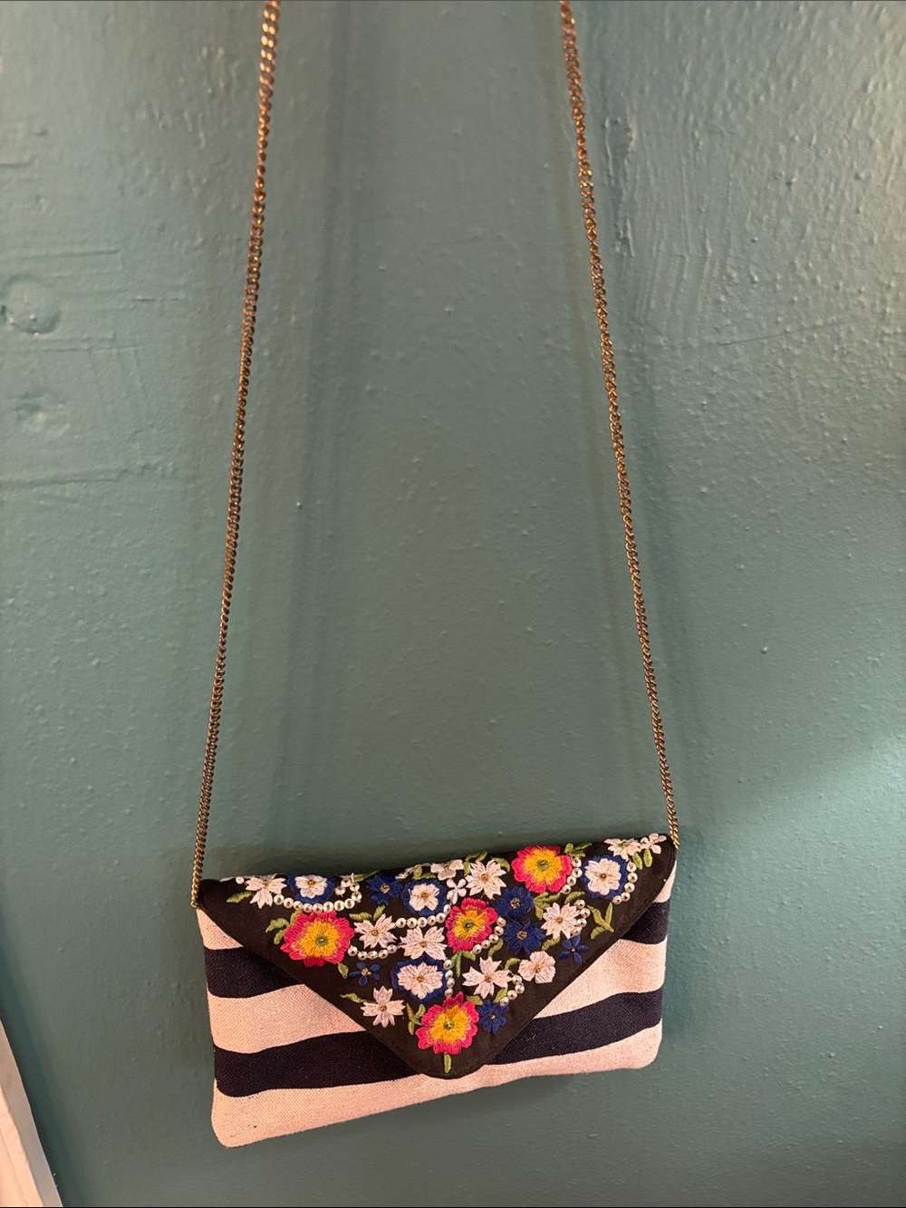 Embroidered Floral Black & White Stripe Crossbody Clutch